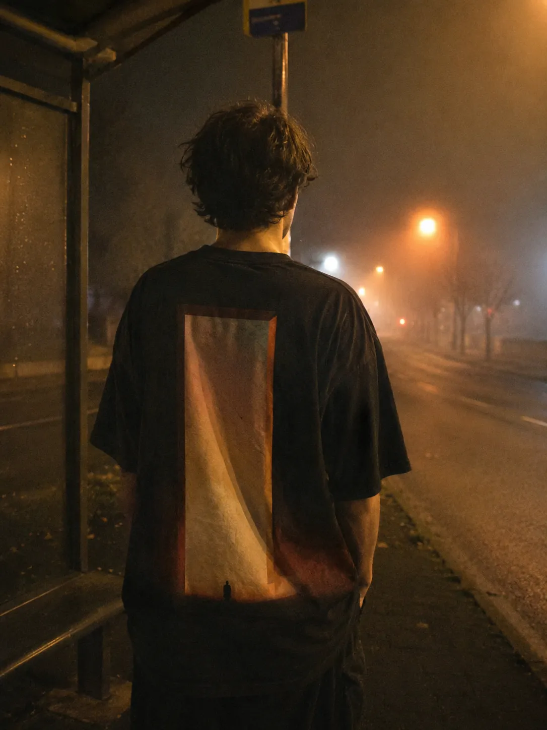 The VIGIL tee worn, the print large across the back.